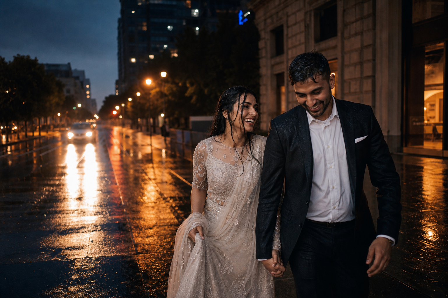 Newlywed couple laughing as they walk through a rain-lit city street